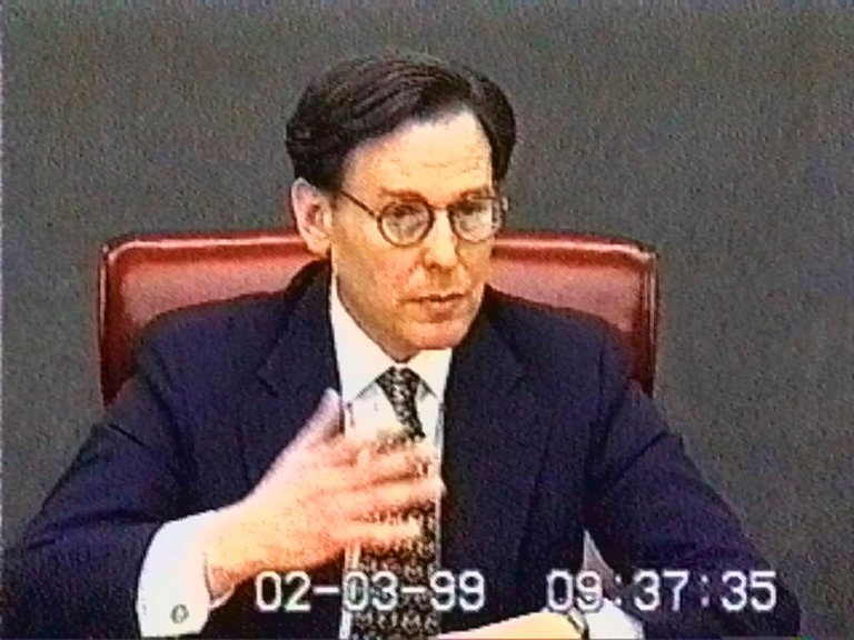 White House aide Sidney Blumenthal, is shown in this video image, during his deposition on Feb. 3, 1999, during the House Managers presentation in the Senate impeachment trial of President Clinton Saturday, Feb. 6, 1999. (AP Photo/APTN)