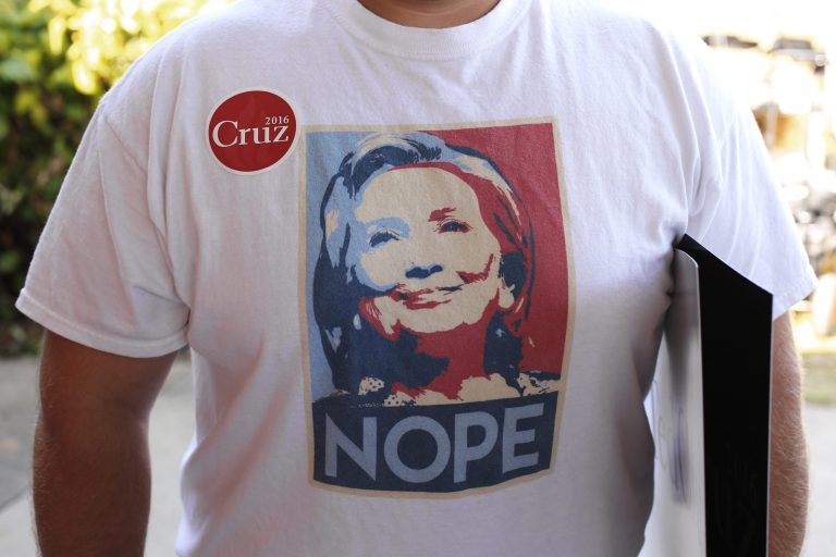 A supporter of Republican presidential candidate, Sen. Ted Cruz, R-Texas, wears a t-shirt against Democratic presidential candidate Hillary Rodham Clinton at the Iowa State Fair, Friday, Aug. 21, 2015, in Des Moines, Iowa. (AP Photo/Paul Sancya)