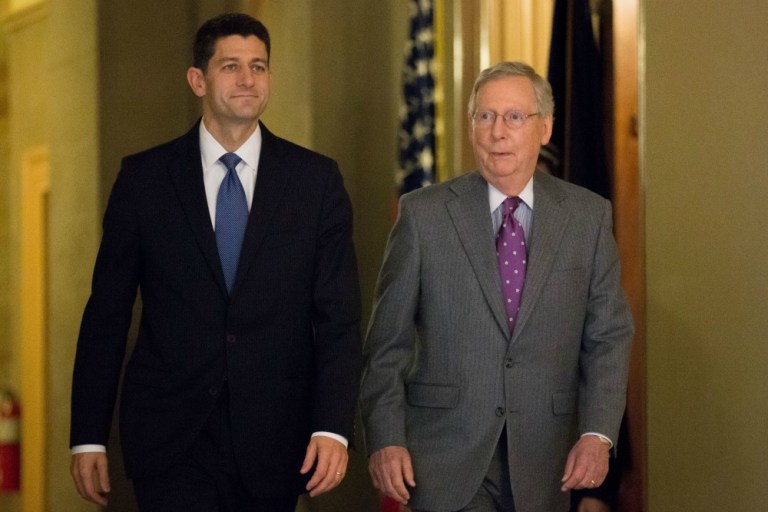 Paul Ryan, R-Wis., briefed reporters alongside Senate Majority Leader Mitch McConnell, R-Ky., at the GOP annual retreat, where lawmakers plotted their 2016 legislative agenda. (AP Photo)