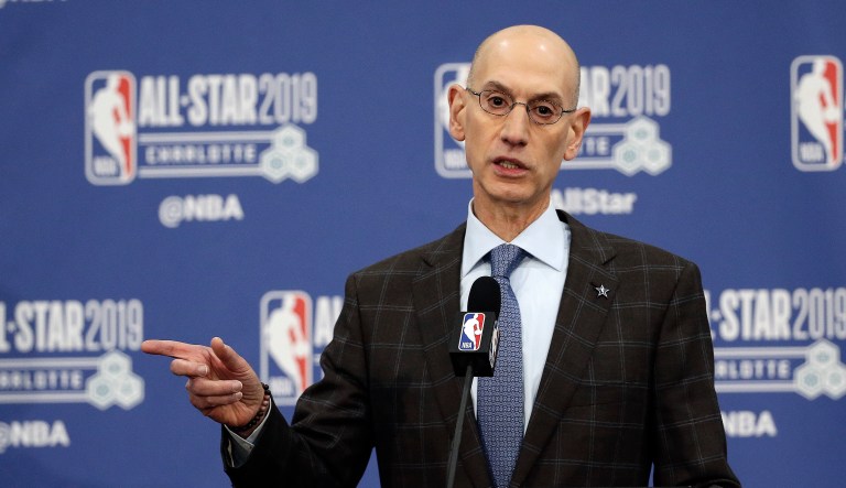 NBA Commissioner Adam Silver speaks during the NBA All-Star festivities, Saturday, Feb. 16, 2019, in Charlotte, N.C. The 68th All-Star game will be played Sunday.