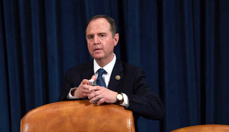 Rep. Adam Schiff, D-Calif., Chairman of the House Intelligence Committee, right, accompanied by House Speaker Nancy Pelosi of Calif., left, speaks about the House impeachment inquiry into President Donald Trump at a news conference on Capitol Hill in Washington, Tuesday, Oct. 15, 2019. 