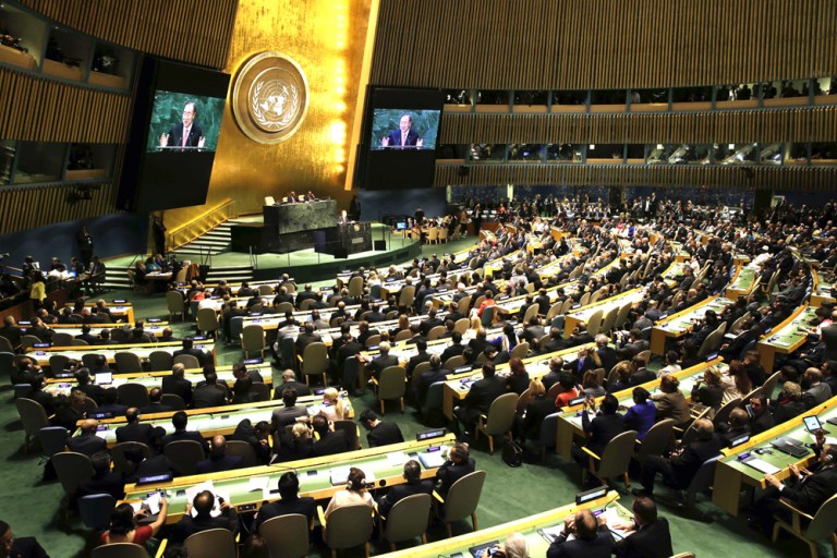 United Nations Secretary-General Ban Ki-moon speaks during the 69th session of the U.N. General Assembly at U.N. headquarters. (AP Photo/Seth Wenig)