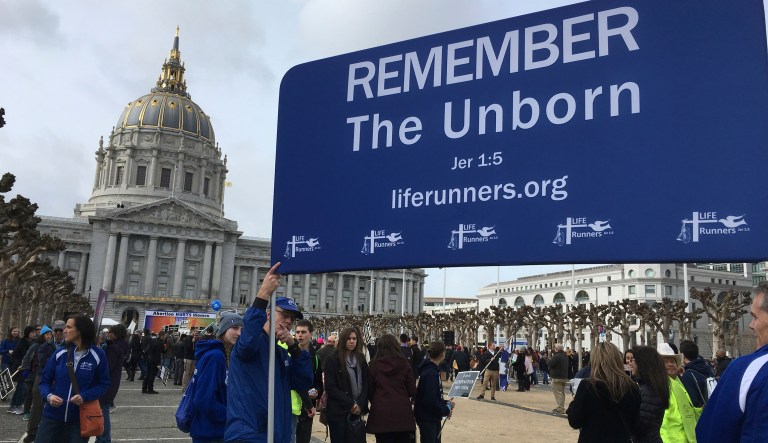 Anti-abortion demonstrators gather at San Francisco City Hall for the 13th annual Walk for Life West Coast march, Saturday, Jan. 21, 2017. (AP Photo/Jocelyn Gecker)