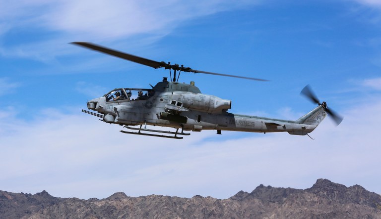 In this April 17, 2017 photo released by U.S. Marine Corps, an AH-1Z Viper prepares to land at the Chocolate Mountain Aerial Gunnery Range, Calif. 