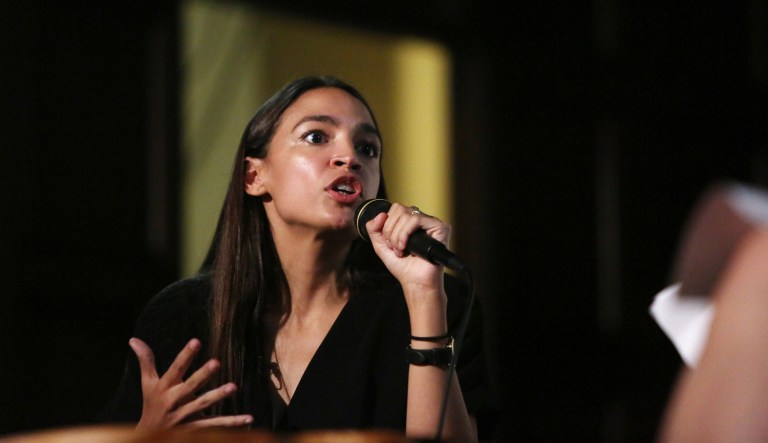 Alexandria Ocasio-Cortez, a Democratic U.S. Representative candidate from New York, speaks during an event at the First Unitarian Church of Los Angeles in Los Angeles, California, U.S., on Friday, Aug. 3, 2018. Ocasio-Cortez campaigned on abolishing ICE en route to her stunning upset primary victory in a New York City district against a top House Democrat.