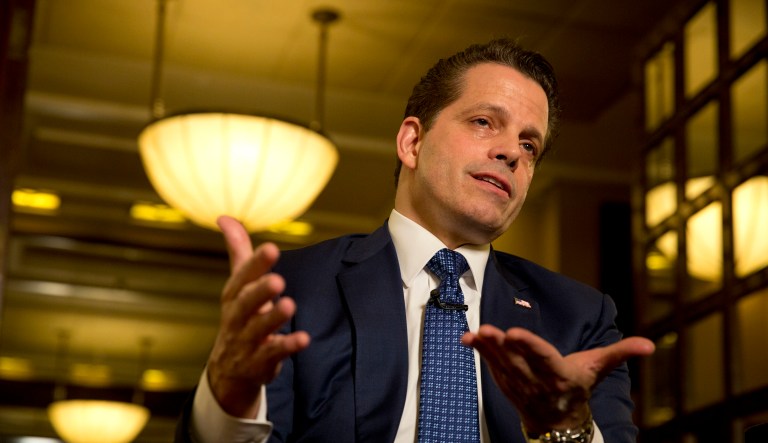 Former White House communications director Anthony Scaramucci poses for a photograph after an interview with the Associated Press in Jerusalem, Monday, Nov. 20, 2017. Scaramucci told The Associated Press on Monday that although he has not spoken to Donald Trump in over a month, he talks to the president's inner circle "regularly" and considers himself a media "surrogate" for the administration.