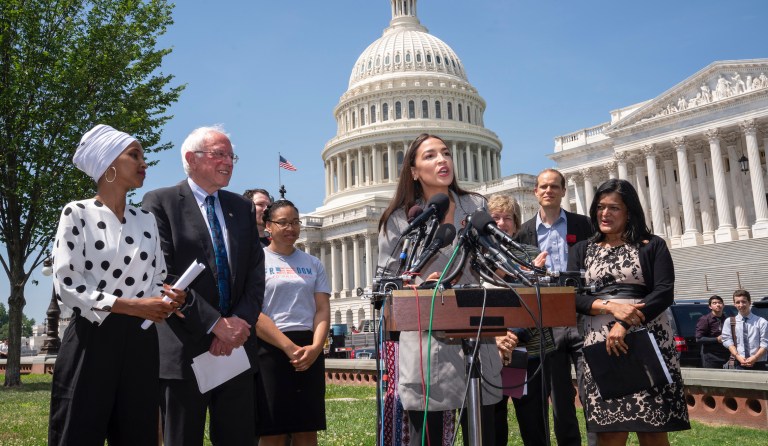 From left, Rep. Ilhan Omar, D-Minn., Democratic presidential candidate, Sen. Bernie Sanders, I-Vt., and Rep. Pramila Jayapal, D-Wash., far right, listen as Rep. Alexandria Ocasio-Cortez, D-N.Y., center, joins them in a call for legislation to cancel all student debt, at the Capitol in Washington, Monday, June 24, 2019.                                                                                                                                                                                                