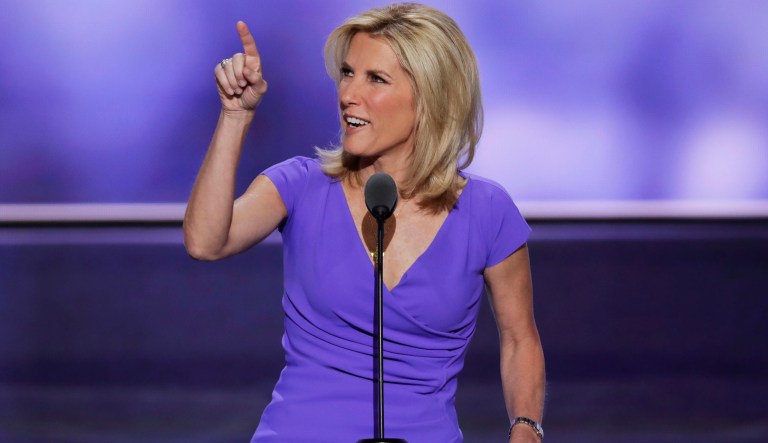 Conservative political commentator Laura Ingraham points toward the media booths as she speaks during the third day of the Republican National Convention in Cleveland, Wednesday, July 20, 2016.