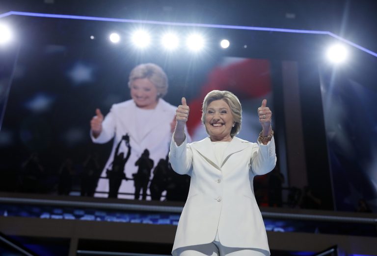 Democratic presidential nominee Hillary Clinton gives her thumbs up as she appears on stage during the final day of the Democratic National Convention in Philadelphia, Thursday, July 28, 2016.