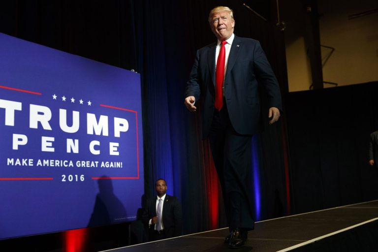 Republican presidential candidate Donald Trump arrives to speak at a campaign rally at the South Florida Fairgrounds and Convention Center, Thursday, Oct. 13, 2016, in West Palm Beach, Fla.