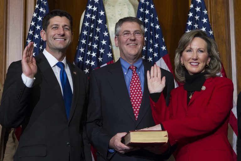 House Speaker Paul Ryan of Wis. administers the House oath of office to Rep. Barbara Comstock, R-Va., during a mock swearing in ceremony on Capitol Hill in Washington, Tuesday, Jan. 3, 2017, as the 115th Congress began. 