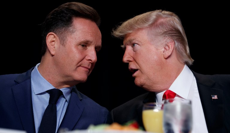 President Trump talks with television producer Mark Burnett during the National Prayer Breakfast, Thursday, Feb. 2, 2017, in Washington.