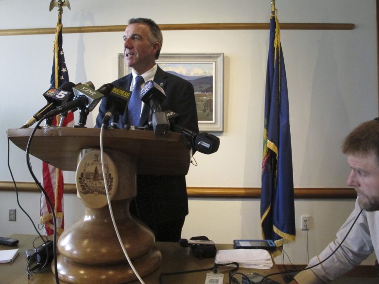Republican Vermont Gov. Phil Scott holds a press conference in Montpelier, Vt.