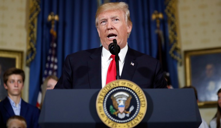President Donald Trump speaks during an event about healthcare in the Blue Room of the White House, Monday, July 24, 2017, in Washington.