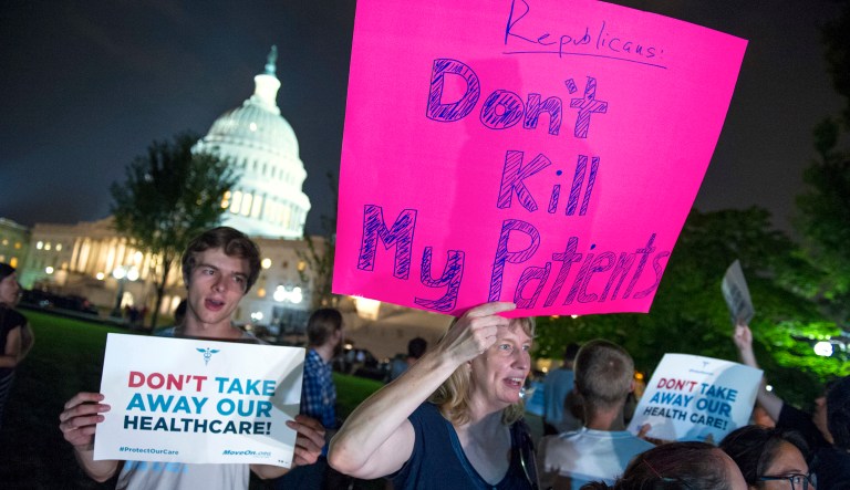 Demonstrators rally outside of the Capitol as the Republican majority in Congress remains stymied by their inability to fulfill their political promise on Obamacare.