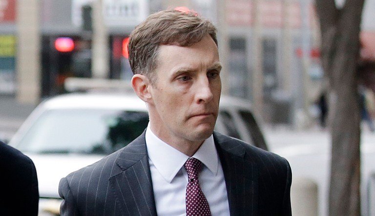 Attorney Aaron Zebley arrives at the Phillip Burton Federal Building in San Francisco.