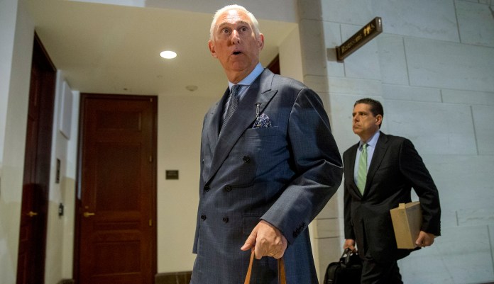 Longtime Donald Trump associate Roger Stone arrives on Capitol Hill in Washington. 