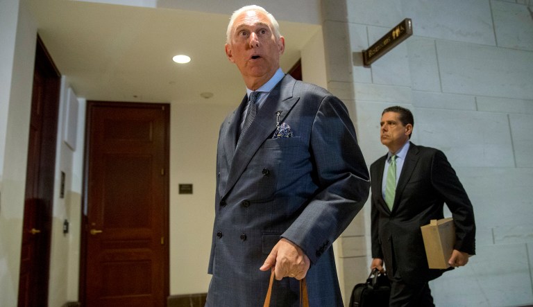 Longtime Donald Trump associate Roger Stone arrives on Capitol Hill in Washington. 