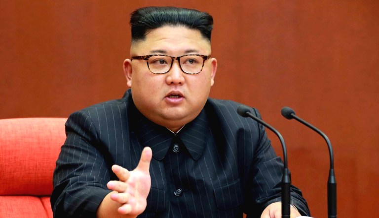 This photo distributed by the North Korean government shows North Korean leader Kim Jong Un speaking during a meeting in Pyongyang.