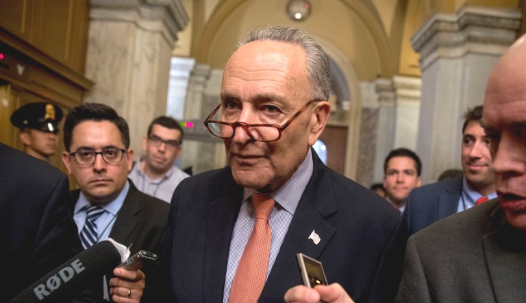 Senate Minority Leader Chuck Schumer of N.Y., speaks with reporters as he leaves a news conference on Capitol Hill in Washington, D.C.