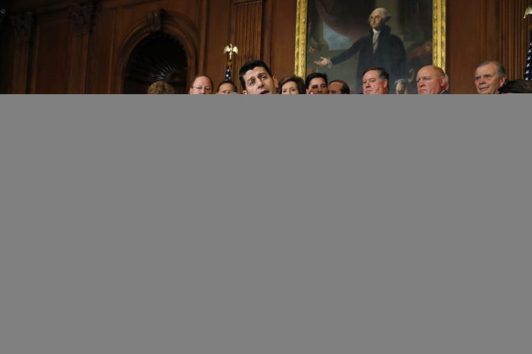 House Speaker Paul Ryan of Wis., joined by House Republicans, speaks to the media following a vote on tax reform, Thursday, Nov. 16, 2017, on Capitol Hill in Washington.