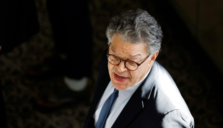 Al Franken departs after speaking to the media in Washington, D.C.