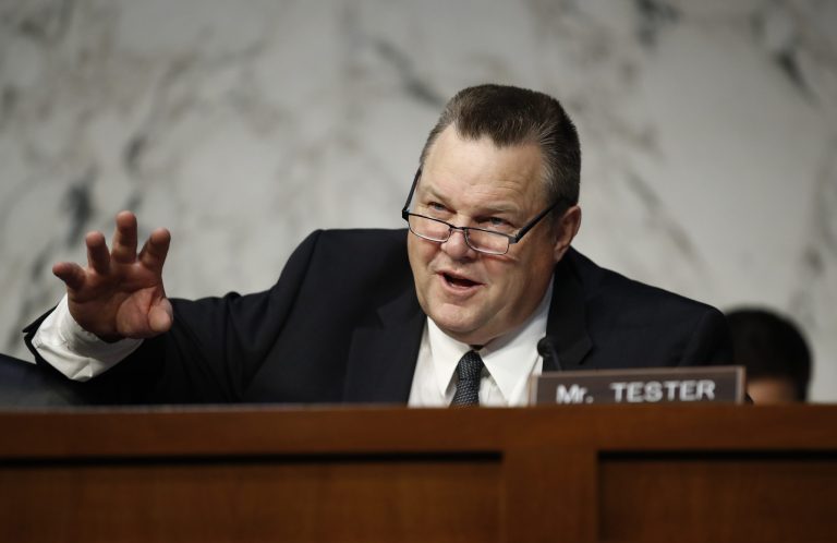 Sen. Jon Tester, D-Mont., questions Jerome Powell, President Donald Trump's nominee for chairman of the Federal Reserve, during a Senate Banking, Housing, and Urban Affairs Committee confirmation hearing on Capitol Hill in Washington. 