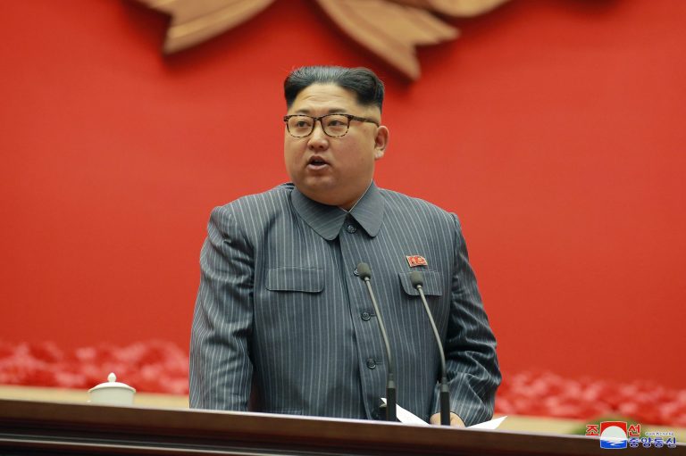 In this Dec. 23, 2017 photo distributed on Dec. 24, 2017 by the North Korean government, North Korean leader Kim Jong Un speaks during the conference of cell chairpersons of the ruling party in Pyongyang.