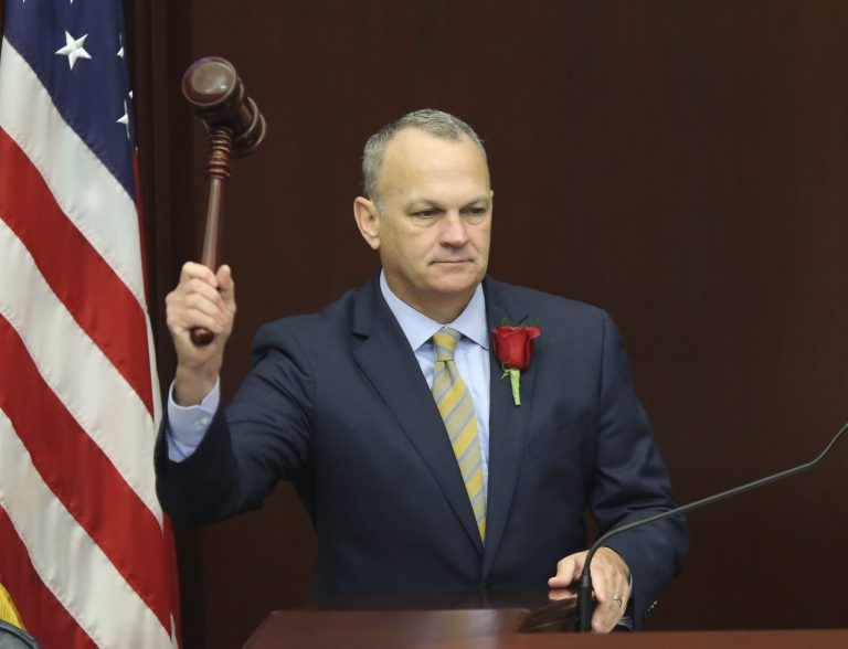 House speaker Richard Corcoran, R-Land O'Lakes, pounds the gavel to start the first day of legislative session, Tuesday, Jan. 9, 2018, in Tallahassee, Fla.