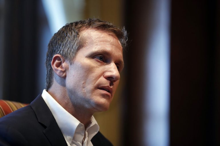 Missouri Gov. Eric Greitens listens to a question during an interview in his office at the Missouri Capitol Saturday, Jan. 20, 2018, in Jefferson City, Mo. Greitens discussed having an extramarital affair in 2015 before taking office.