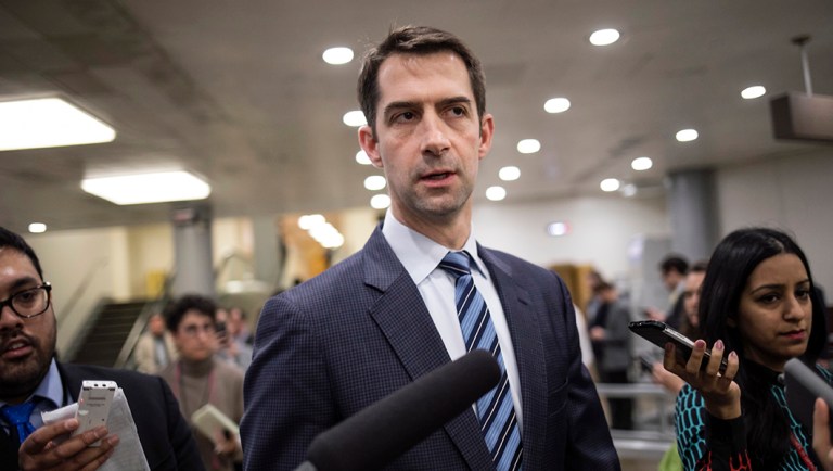Rep. Tom Cotton, R-Ark., is interviewed by reporters following final votes for the week.