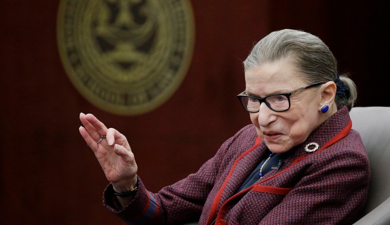 Supreme Court Justice Ruth Bader Ginsburg answers a law student's question as she participates in a "fireside chat" in the Bruce M. Selya Appellate Courtroom at the Roger William University Law School on Tuesday, Jan. 30, 2018, in Bristol, R.I. 