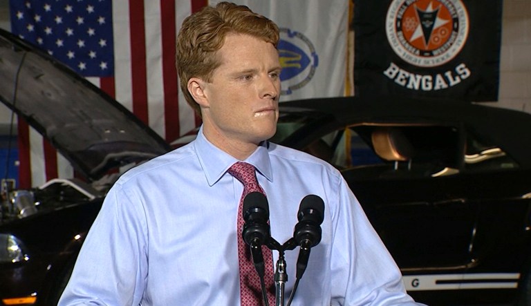 In this still image taken from video, Rep. Joe Kennedy III, D-Mass., delivers the Democratic response to President Donald Trump's State of the Union, at Diman Regional Vocational Technical High School in Fall River, Mass., Tuesday, Jan. 30, 2018. 