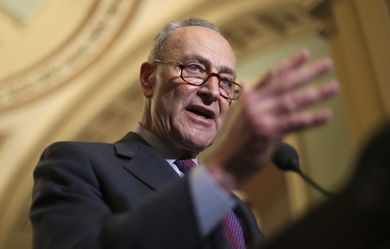 Senate Minority Leader Chuck Schumer of N.Y., speaks with reporters following weekly policy luncheons to answer questions on Capitol Hill in Washington, Tuesday, March 6, 2018. The Senate moves closer to passing legislation to roll back some of the safeguards Congress put in place to prevent a repeat of the 2008 financial crisis.(AP Photo/Pablo Martinez Monsivais)