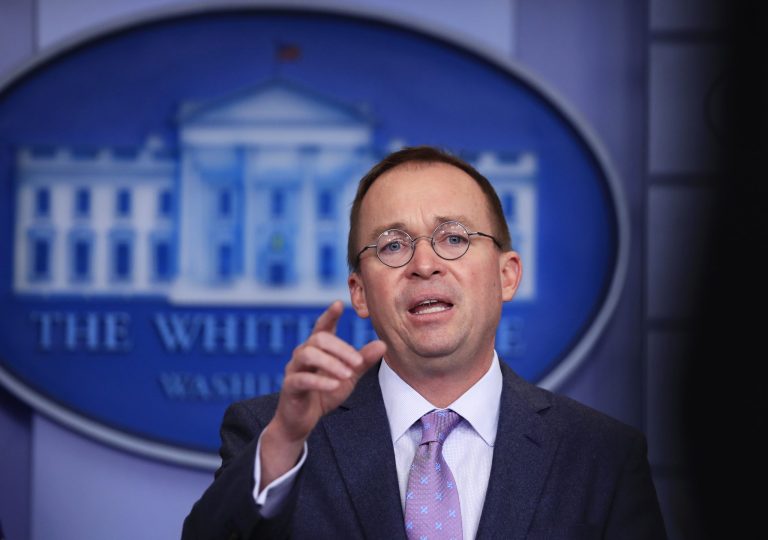 Office of Management and Budget Director Mick Mulvaney talks to reporters during a press briefing.