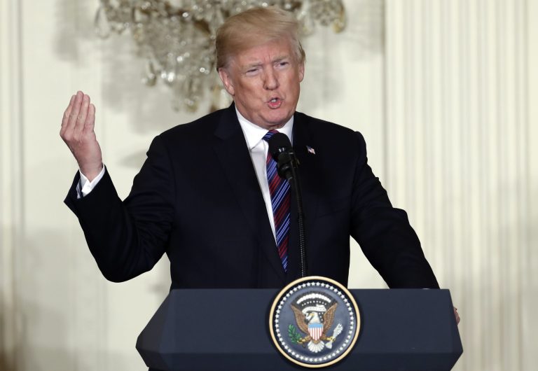 President Trump speaks during a news conference with Latvian President Raimonds Vejonis, Estonian President Kersti Kaljulaid, and Lithuanian President Dalia Grybauskaite in the East Room of the White House on Tuesday.