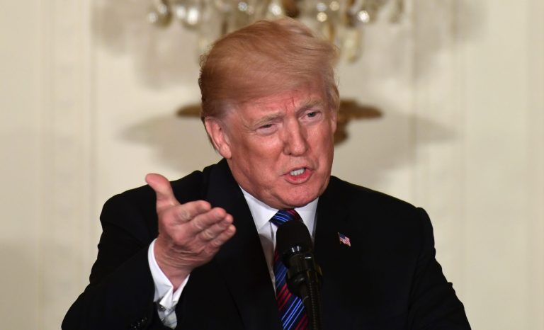 President Trump speaks during a news conference in the East Room of the White House in Washington.