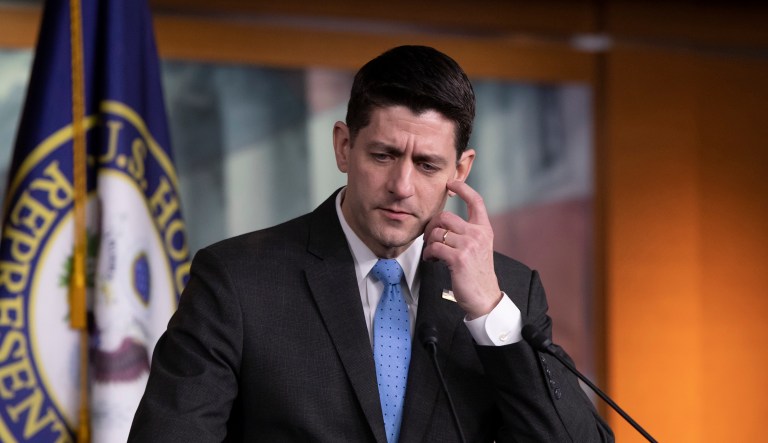 Paul Ryan watches, head-in-hands, as the Farm Bill catches fire