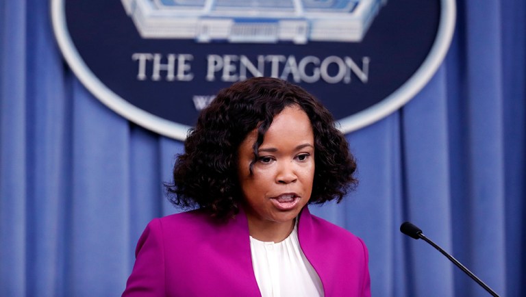 Pentagon chief spokesperson Dana W. White speaks during a media availability at the Pentagon.