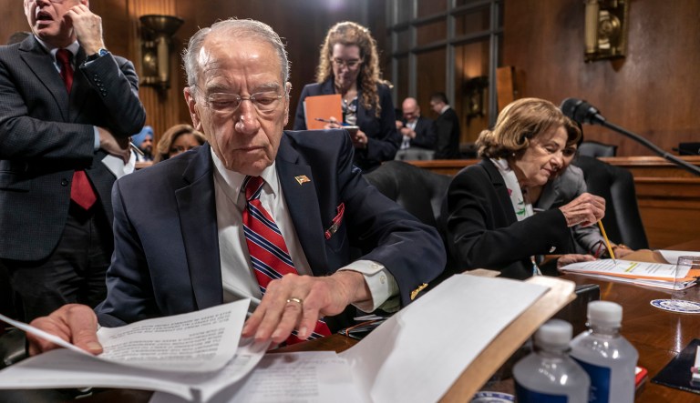 Senate Judiciary Committee Chairman Chuck Grassley, R-Iowa, joined at right by Sen. Dianne Feinstein, D-Calif., the ranking member, prepares to open a meeting of his panel to consider a bipartisan effort to protect special counsel Robert Mueller's job.