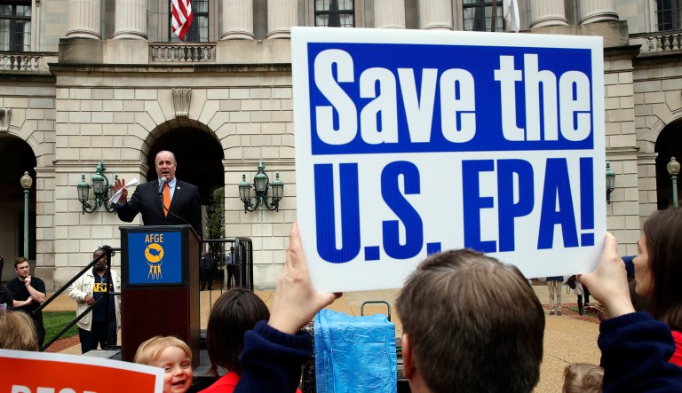 Rep. Dan Kildee, D-Mich., speaks about EPA Administrator Scott Pruitt and the state of the EPA during a protest by the American Federation of Government Employees union, Wednesday, April 25, 2018, in Washington. 