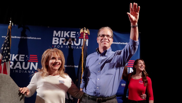 Republican Senate candidate Mike Braun and his wife Maureen greets supporters after winning the republican primary in Whitestown, Ind., Tuesday, May 8, 2018. Braun faced Todd Rokita and Luke Messer in the Republican primary race.