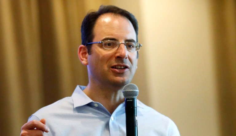 Democratic candidate for state attorney general Phil Weiser speaks during a campaign stop in Highlands Ranch, Colo.