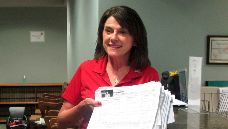 Republican U.S. Senate candidate Leah Vukmir submits nomination papers with Wisconsin elections officials in Madison, Wis., on Wednesday, May 30, 2018. Vukmir is a state senator running against Kevin Nicholson in the GOP primary for a shot to take on Democratic incumbent Sen. Tammy Baldwin.