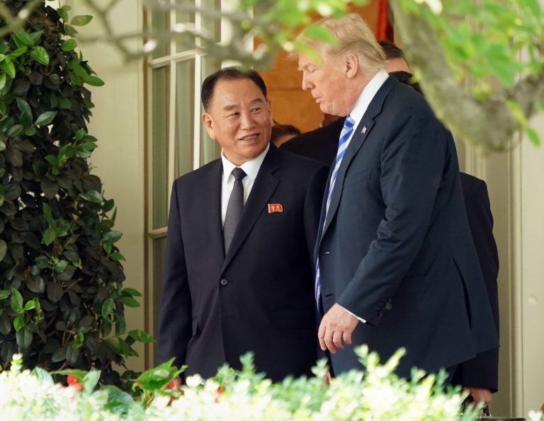 President Donald Trump talks with Kim Yong Chol, left, former North Korean military intelligence chief and one of leader Kim Jong Un's closest aides, as they walk from the Oval Office at the White House in Washington, Friday, June 1, 2018.