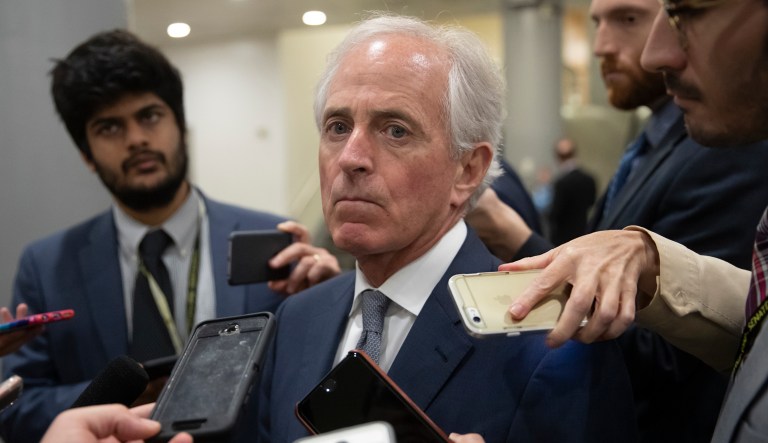 Senate Foreign Relations Committee Chairman Bob Corker, R-Tenn., stops for questions by reporters amid a series of votes on Capitol Hill on June 14, 2018.