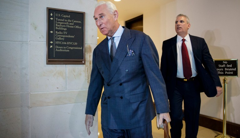 FILE - In this Sept. 26, 2017, file photo, longtime Donald Trump associate Roger Stone arrives to testify before the House Intelligence Committee, on Capitol Hill in Washington. Special Counsel Robert Mueller is examining previously undisclosed contact between former Trump campaign officials and a Russian figure alleged to have tried to sell them dirt on Hillary Clinton during the 2016 campaign. But Stone and Michael Caputo say they believe the man was an FBI informant trying to set them up. He denied that to the Washington Post.