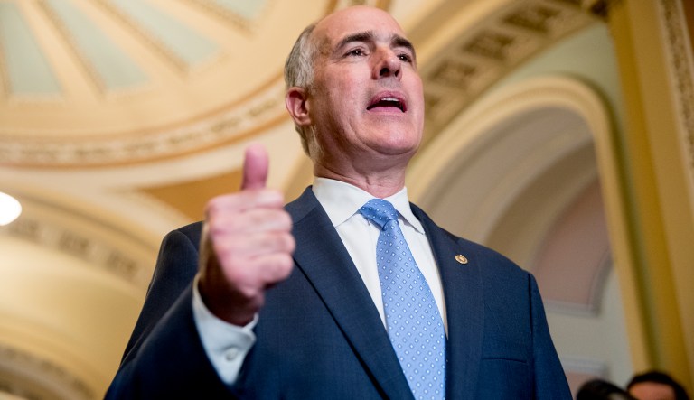 Sen. Bob Casey, Jr., D-Pa., speaks with reporters following a closed-door policy luncheon on Capitol Hill in Washington on June 26, 2018.