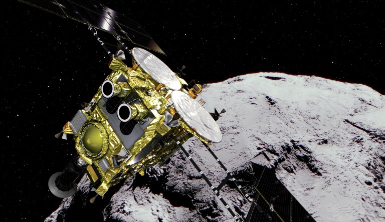 This image provided by the Japan Aerospace Exploration Agency (JAXA) shows an asteroid and asteroid explorer Hayabusa2. The Japanese space explorer is attempting to bring back asteroid samples to Earth.