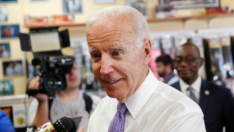 Former Vice President Joe Biden speaks to the media during a campaign stop with Democratic gubernatorial candidate Richard Cordray at the Beyond Image Barber Salon.